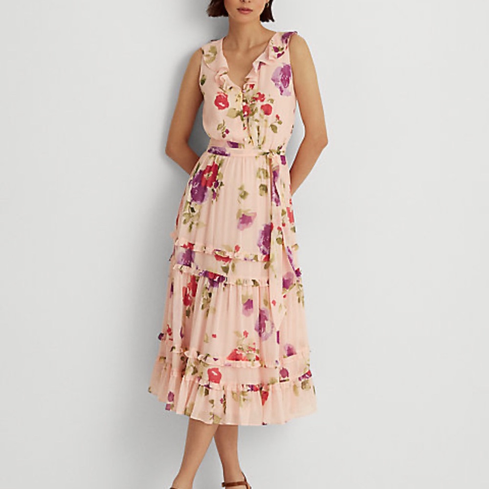 Ralph Lauren Dress - Pink Floral Crinkled Georgette Dress - 14P petite